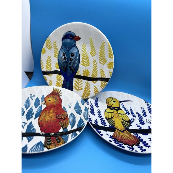 Pier 1 Other - 3 Pier 1 Tropical Bird Salad Plates 8" Stoneware Toucan Hummingbird bright happy